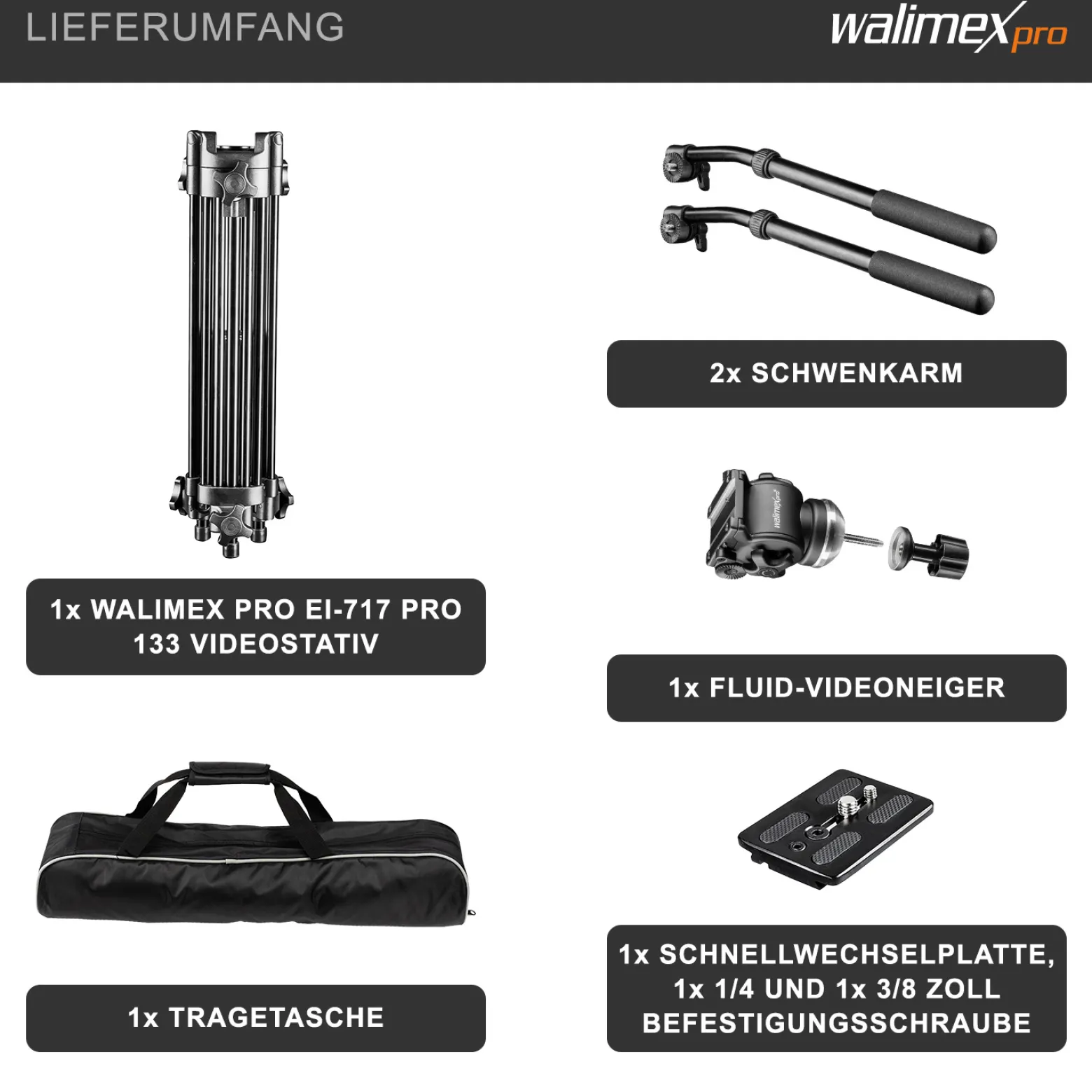 Walimex pro EI-717 Pro 133 Videostativ - 680 x 160 x 160 mm / Max. Traglast 6 kg / Höhe 64-133 cm - mit Tasche - Dreibein Stativ für Foto Atelier und Studio - schwarz