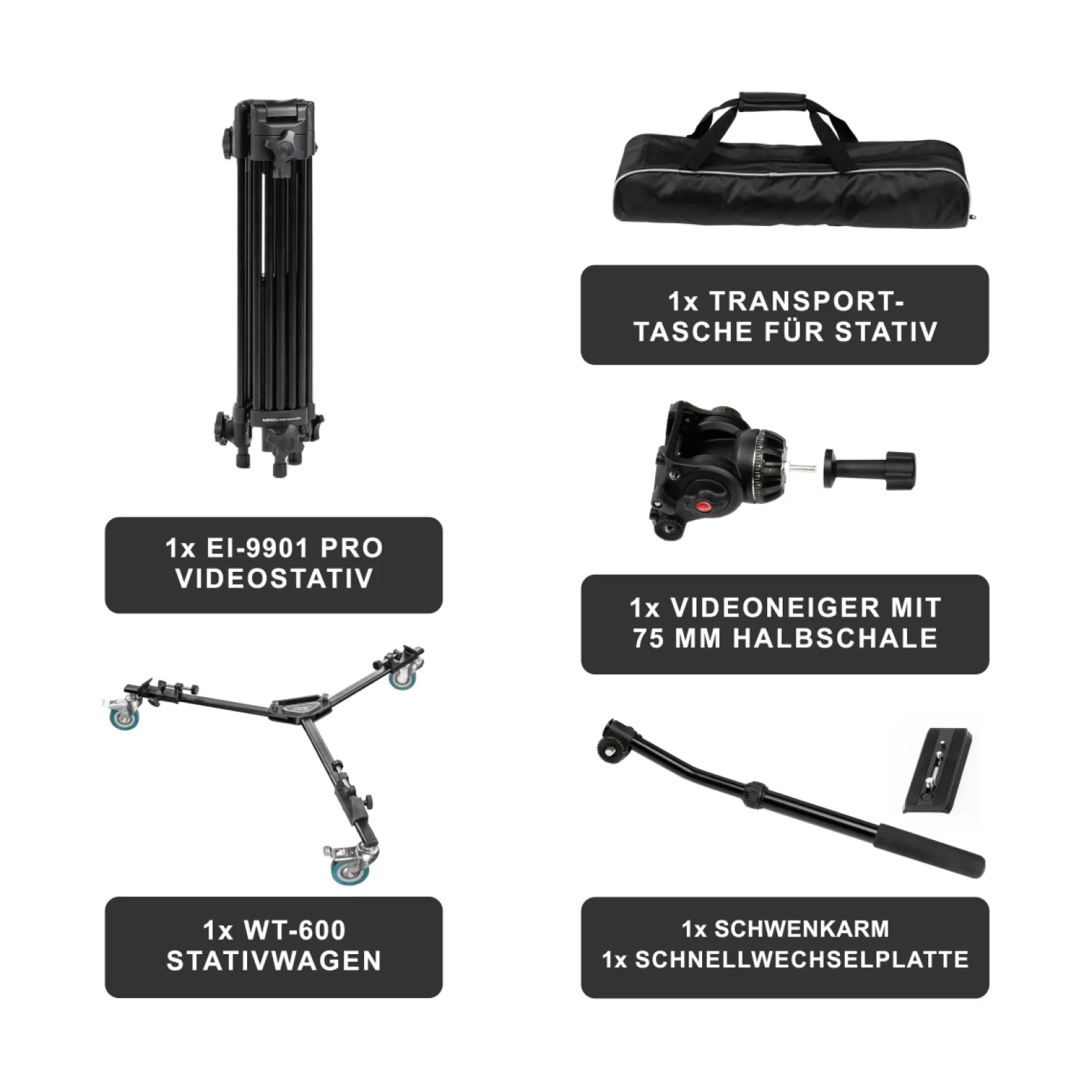 Walimex pro EI-9901 Video Pro Stativ - Belastbarkeit 6 kg / Höhe 64-134 cm - inkl. Stativwagen WT-600, feststellbare Rollen - mit Videoneiger, Mittelspinne, Stativtasche