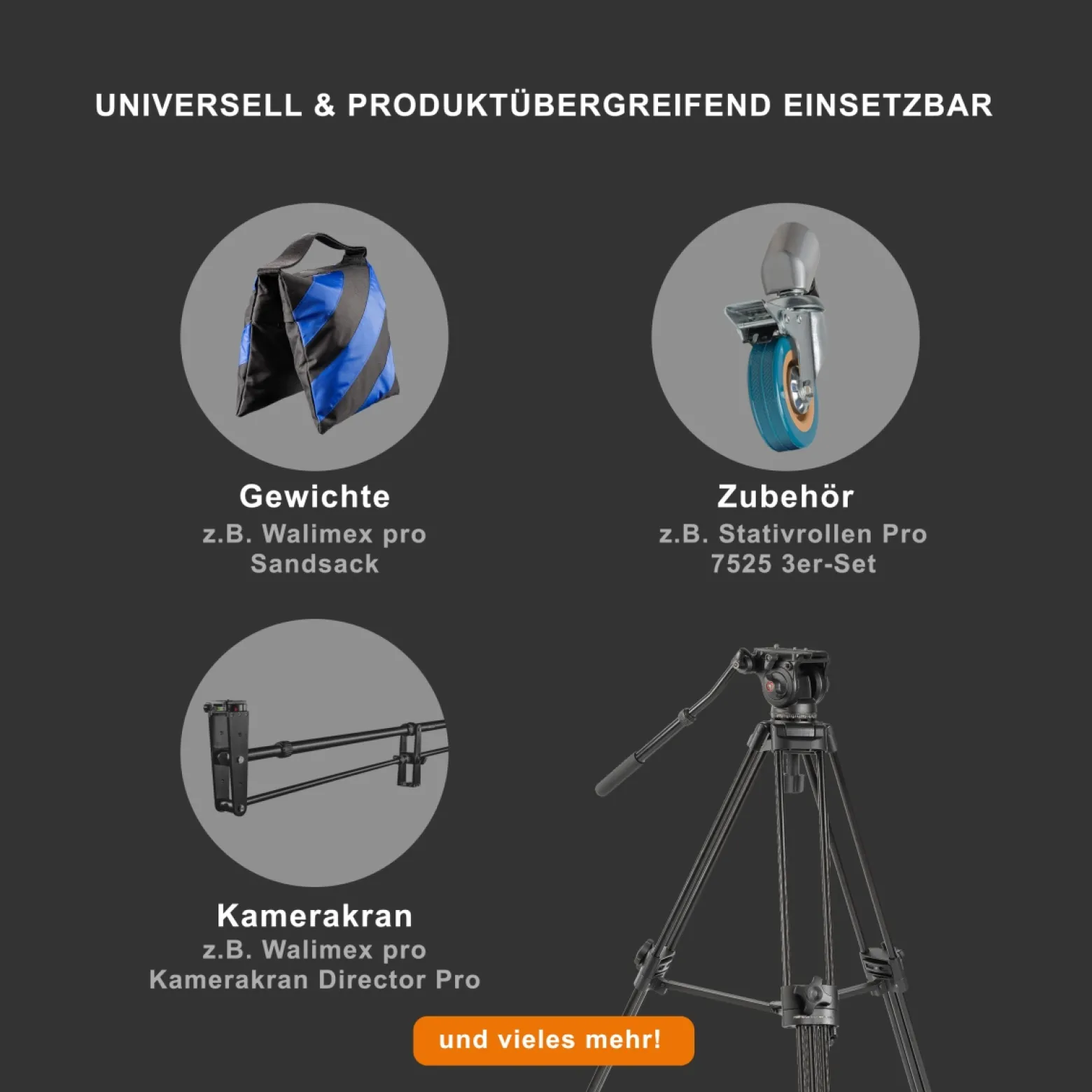 Walimex pro EI-9901 Video Pro Stativ - Belastbarkeit 6 kg / Höhe 64-134 cm - inkl. Stativwagen WT-600, feststellbare Rollen - mit Videoneiger, Mittelspinne, Stativtasche