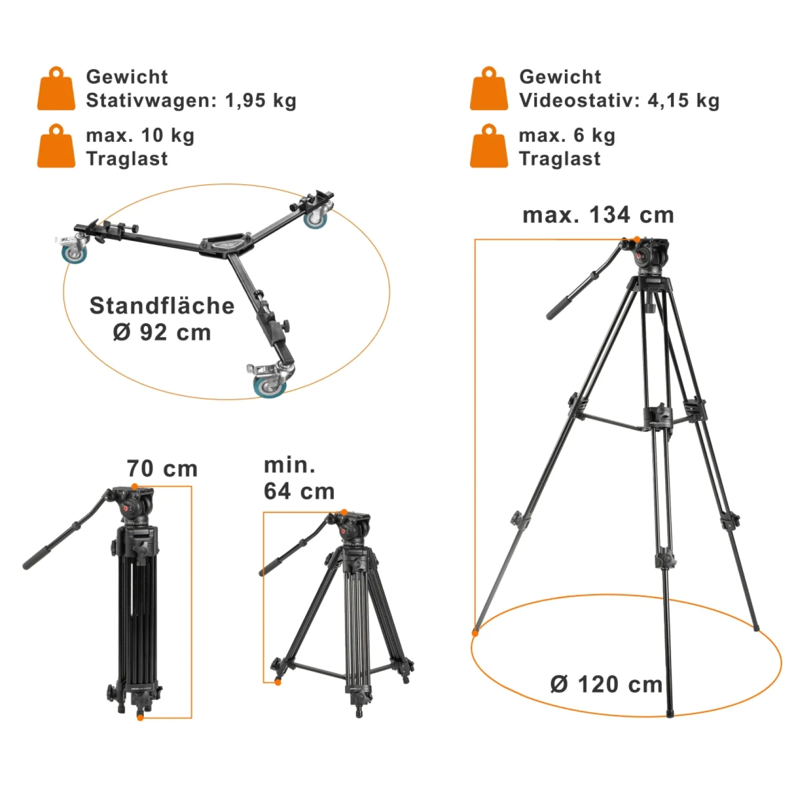 Walimex pro EI-9901 Video Pro Stativ - Belastbarkeit 6 kg / Höhe 64-134 cm - inkl. Stativwagen WT-600, feststellbare Rollen - mit Videoneiger, Mittelspinne, Stativtasche