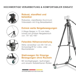 Walimex pro EI-9901 Video Pro Stativ - Belastbarkeit 6 kg / Höhe 64-134 cm - inkl. Stativwagen WT-600, feststellbare Rollen - mit Videoneiger, Mittelspinne, Stativtasche