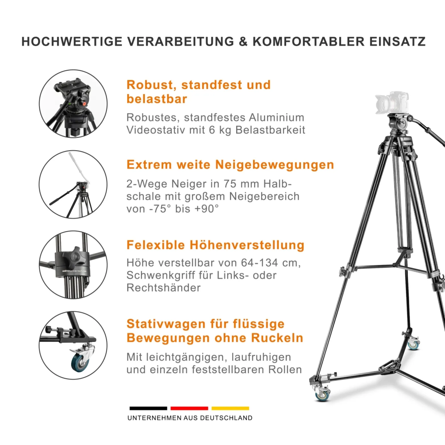 Walimex pro EI-9901 Video Pro Stativ - Belastbarkeit 6 kg / Höhe 64-134 cm - inkl. Stativwagen WT-600, feststellbare Rollen - mit Videoneiger, Mittelspinne, Stativtasche