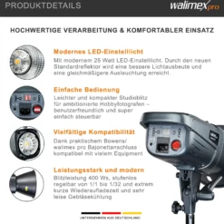 Walimex pro Emerger 400 Set Double 2 Studioblitze mit 400 Ws Blitzleistung, Blitzgerät mit 2,4 GHz Funk, mit Softboxen 60 x 90 cm und Lampenstative inkl. Transporttasche