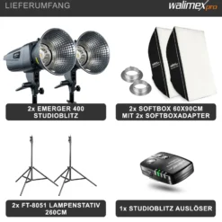 Walimex pro Emerger 400 Set Double 2 Studioblitze mit 400 Ws Blitzleistung, Blitzgerät mit 2,4 GHz Funk, mit Softboxen 60 x 90 cm und Lampenstative inkl. Transporttasche