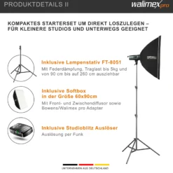 Walimex pro Emerger 200 Set Double 2 Studioblitze mit 200 Ws Blitzleistung, Blitzgerät mit 2,4 GHz Funk, mit Softboxen 60 x 90 cm und Lampenstative inkl. Transporttasche