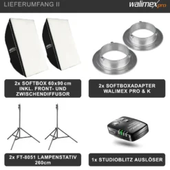 Walimex pro Emerger 200 Set Double 2 Studioblitze mit 200 Ws Blitzleistung, Blitzgerät mit 2,4 GHz Funk, mit Softboxen 60 x 90 cm und Lampenstative inkl. Transporttasche
