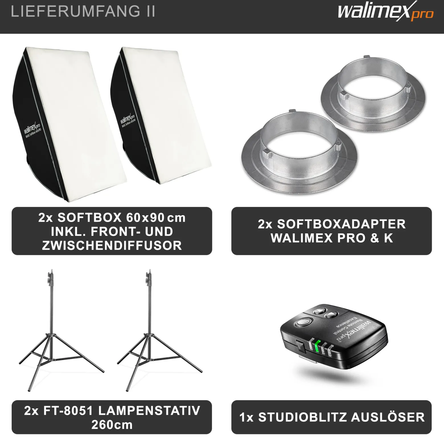 Walimex pro Emerger 200 Set Double 2 Studioblitze mit 200 Ws Blitzleistung, Blitzgerät mit 2,4 GHz Funk, mit Softboxen 60 x 90 cm und Lampenstative inkl. Transporttasche