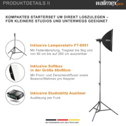 Walimex pro Emerger 400 Set Single Studioblitz mit 400 Ws Blitzleistung, Blitzgerät mit 2,4 GHz Funk, mit Softbox 60 x 90 cm und Lampenstativ, inkl. Transporttasche