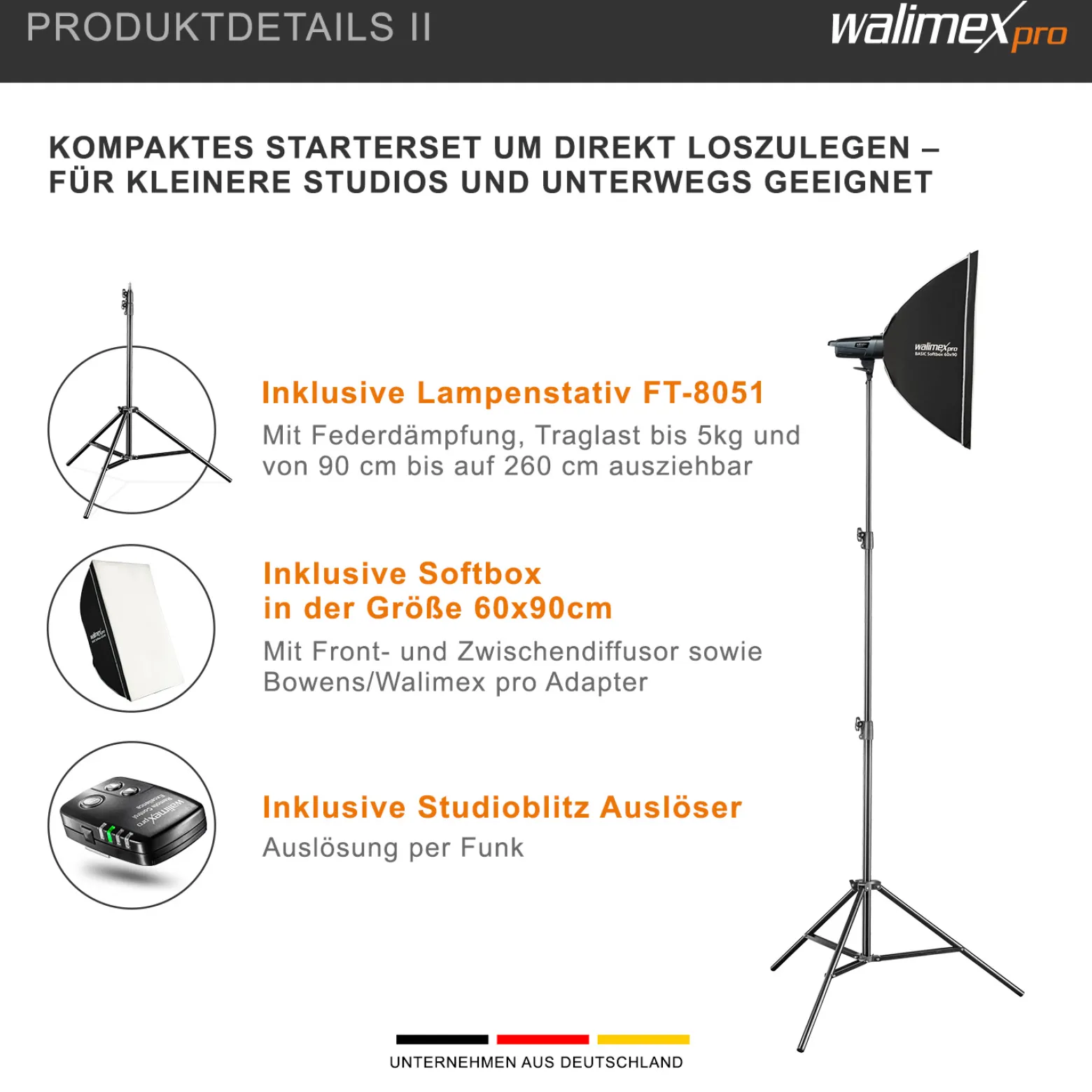 Walimex pro Emerger 400 Set Single Studioblitz mit 400 Ws Blitzleistung, Blitzgerät mit 2,4 GHz Funk, mit Softbox 60 x 90 cm und Lampenstativ, inkl. Transporttasche