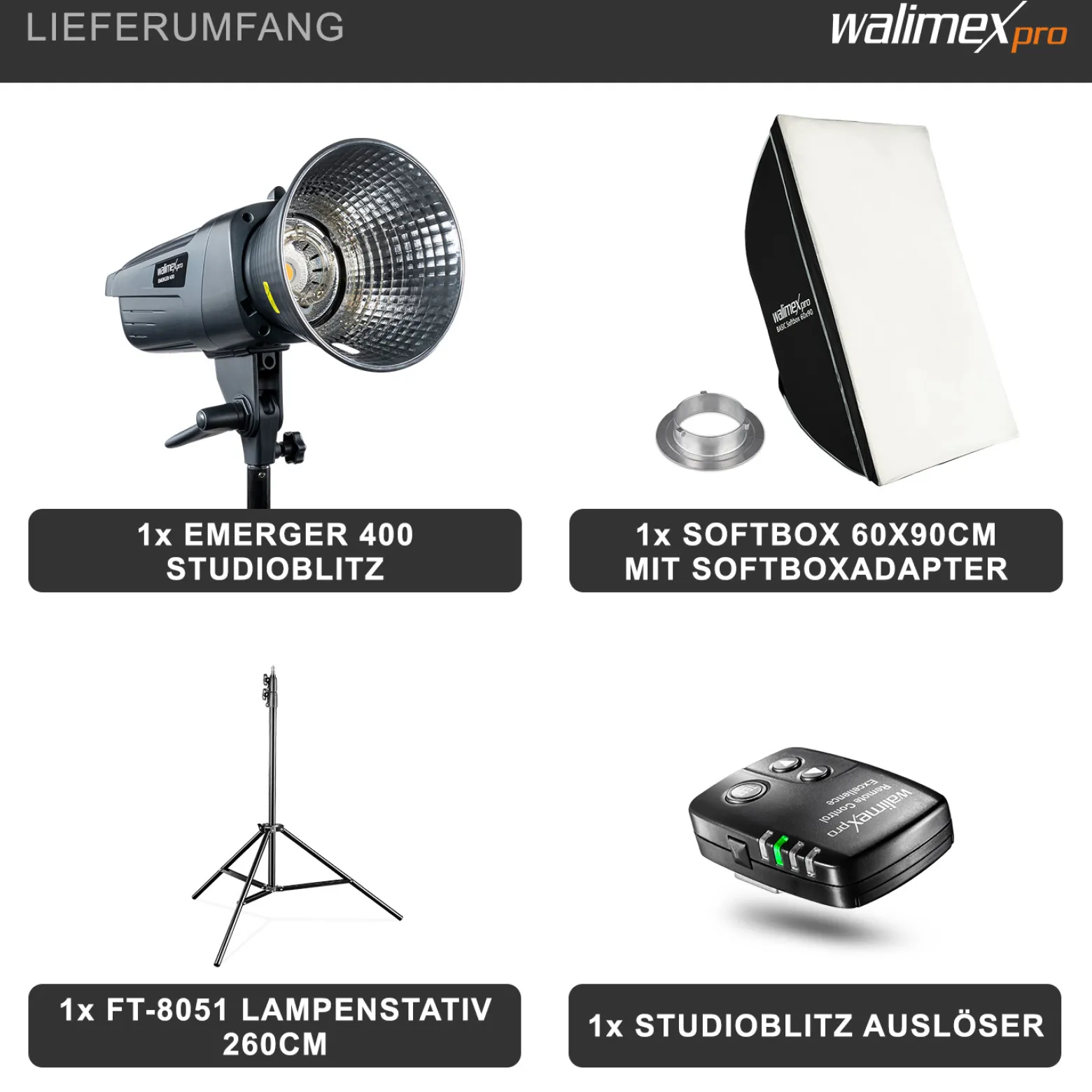Walimex pro Emerger 400 Set Single Studioblitz mit 400 Ws Blitzleistung, Blitzgerät mit 2,4 GHz Funk, mit Softbox 60 x 90 cm und Lampenstativ, inkl. Transporttasche