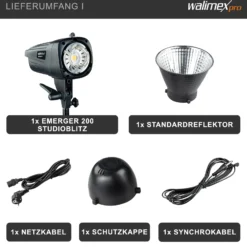 Walimex pro Emerger 200 Set Single Studioblitz mit 200 Ws Blitzleistung, Blitzgerät mit 2,4 GHz Funk, mit Softbox 60 x 90 cm und Lampenstativ, inkl. Transporttasche