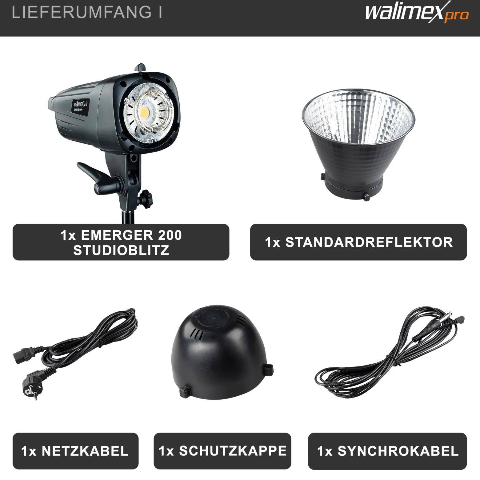Walimex pro Emerger 200 Set Single Studioblitz mit 200 Ws Blitzleistung, Blitzgerät mit 2,4 GHz Funk, mit Softbox 60 x 90 cm und Lampenstativ, inkl. Transporttasche