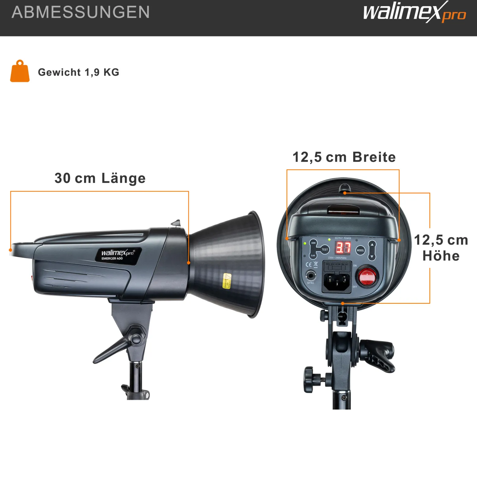 Walimex pro Emerger 400 Studioblitz mit 400 Ws Blitzleistung, Blitzgerät mit 2,4 GHz Funk, Fotoblitz mit kurzer Wiederaufladezeit, Blitzleuchte mit dimmbarem LED-Einstelllicht