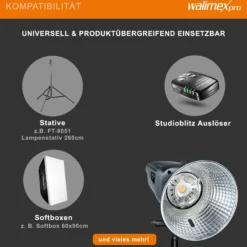 Walimex pro Emerger 200 Studioblitz mit 200 Ws Blitzleistung, Blitzgerät mit 2,4 GHz Funk, Fotoblitz mit kurzer Wiederaufladezeit, Blitzleuchte mit dimmbarem LED-Einstelllicht