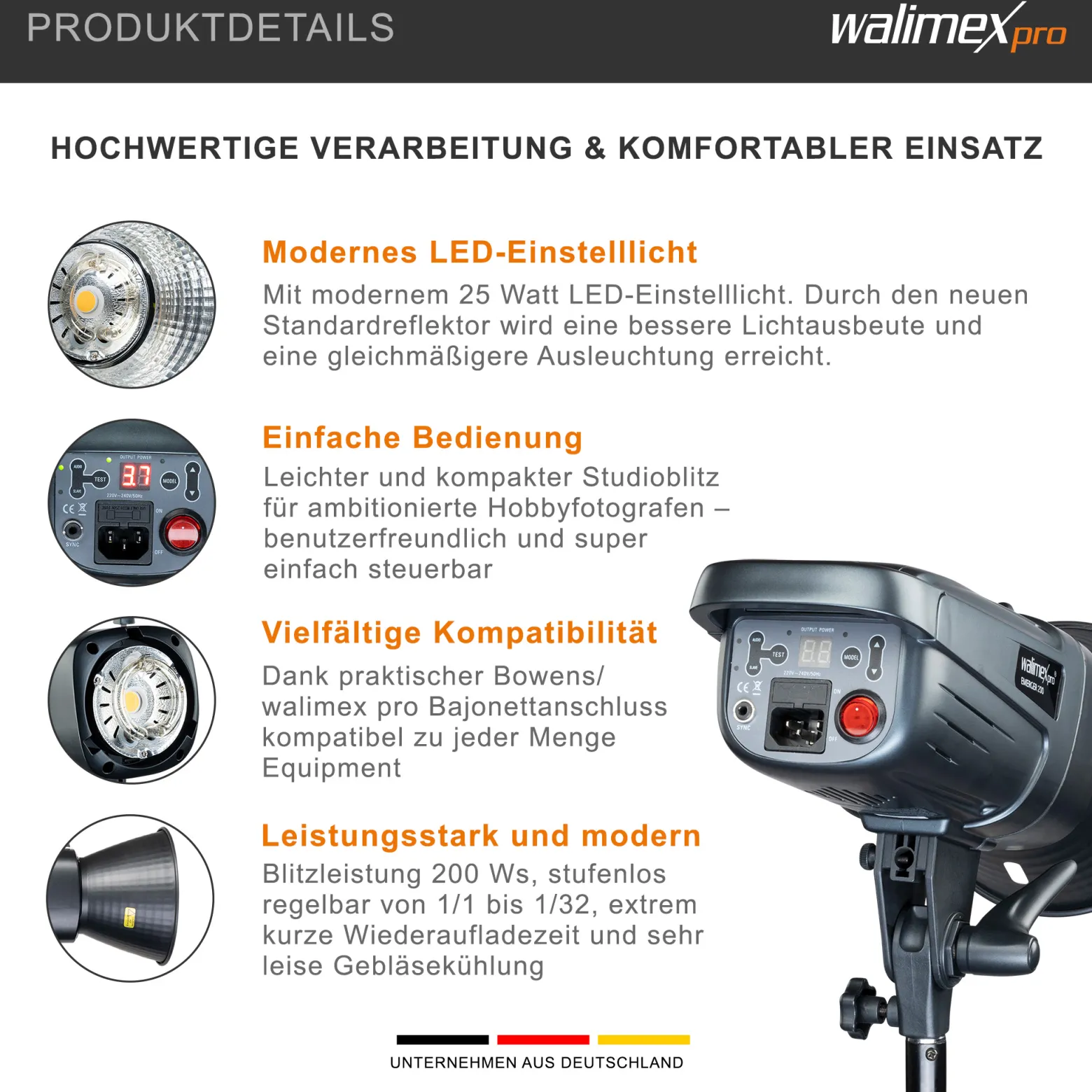 Walimex pro Emerger 200 Studioblitz mit 200 Ws Blitzleistung, Blitzgerät mit 2,4 GHz Funk, Fotoblitz mit kurzer Wiederaufladezeit, Blitzleuchte mit dimmbarem LED-Einstelllicht