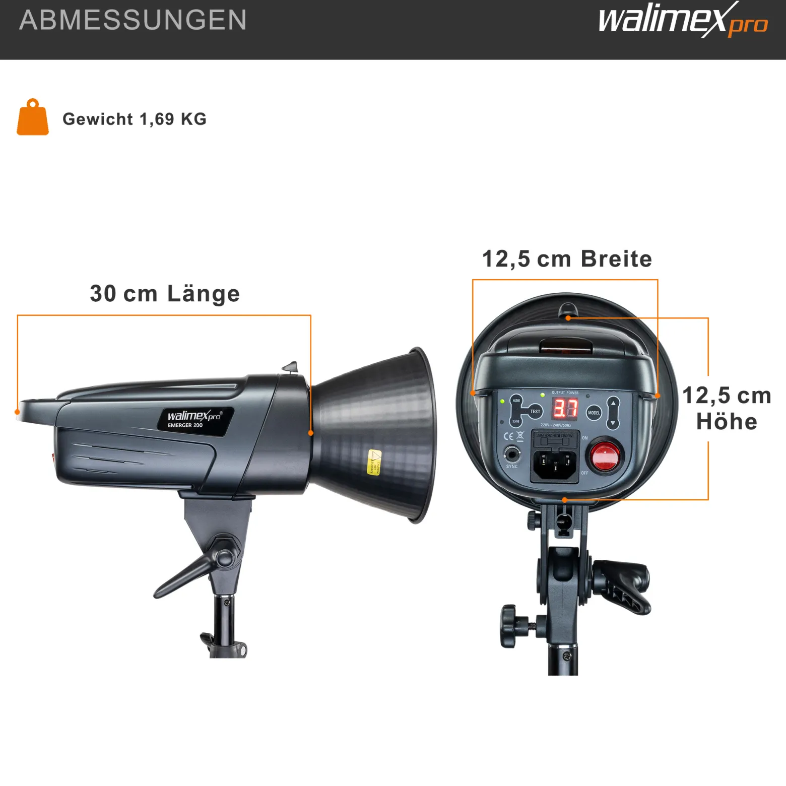 Walimex pro Emerger 200 Studioblitz mit 200 Ws Blitzleistung, Blitzgerät mit 2,4 GHz Funk, Fotoblitz mit kurzer Wiederaufladezeit, Blitzleuchte mit dimmbarem LED-Einstelllicht