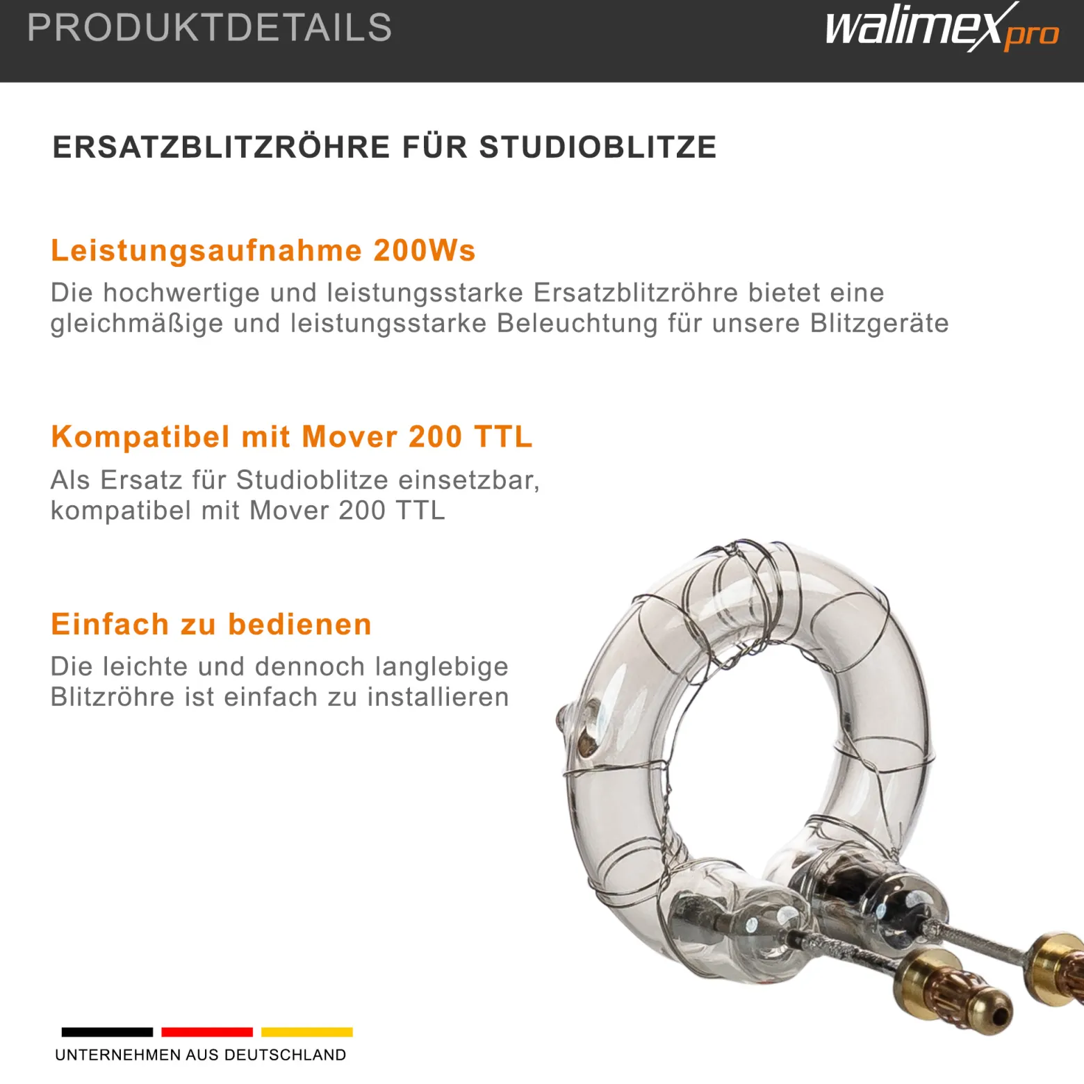 Walimex pro Ersatzblitzröhre für den Studioblitz Mover 200 TTL, Leistungsaufnahme 200W, Farbtemperatur 5400-5800 K, Ersatz Blitz leicht zu wechseln