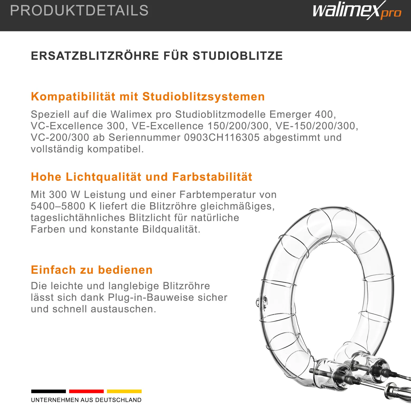 Walimex pro Ersatzblitzröhre für den Studioblitz VC-200/300 Typ 2, Leistungsaufnahme 300W, Farbtemperatur 5400-5800 K, Ersatz Blitz leicht zu wechseln