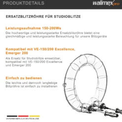 Walimex pro Ersatzblitzröhre für den Studioblitz Emerger 200 & VE-150/200, Leistungsaufnahme 150-200 W, Farbtemperatur 5400-5800 K, Ersatz Blitz leicht zu wechseln