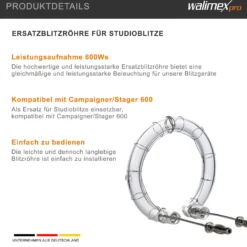 Walimex pro Ersatzblitzröhre für den Studioblitz Campaigner 600 & Stager 600, Leistungsaufnahme 600W, Farbtemperatur 5400-5800 K, Ersatz Blitz leicht zu wechseln