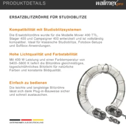 Walimex pro Ersatzblitzröhre für Mover 400 TTL, Stager 400, Campaigner 400 – Studioblitz Blitz Röhre Blitzrohr Ringblitzröhre