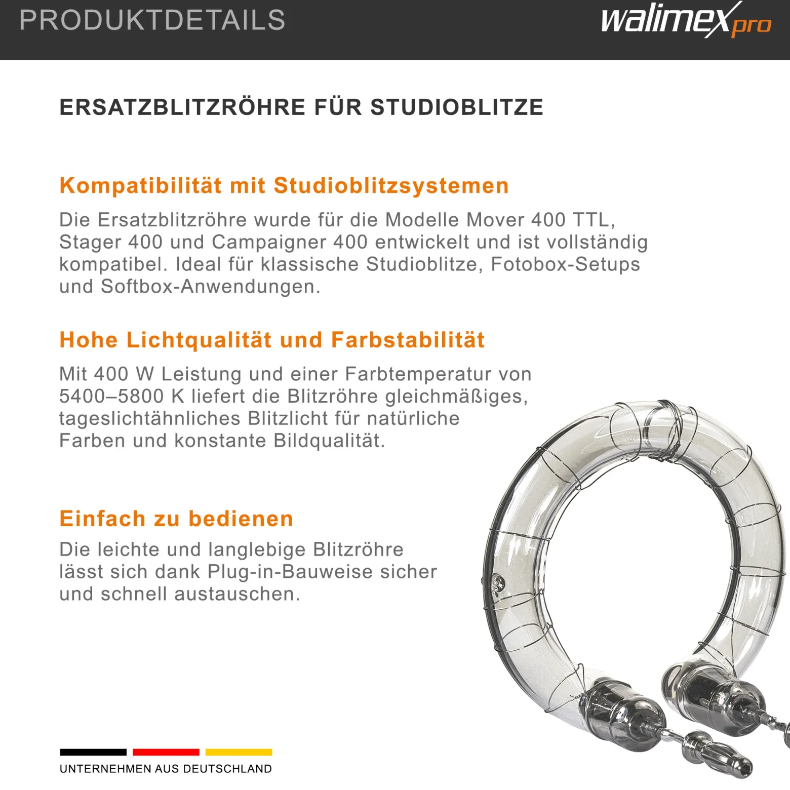 Walimex pro Ersatzblitzröhre für Mover 400 TTL, Stager 400, Campaigner 400 – Studioblitz Blitz Röhre Blitzrohr Ringblitzröhre