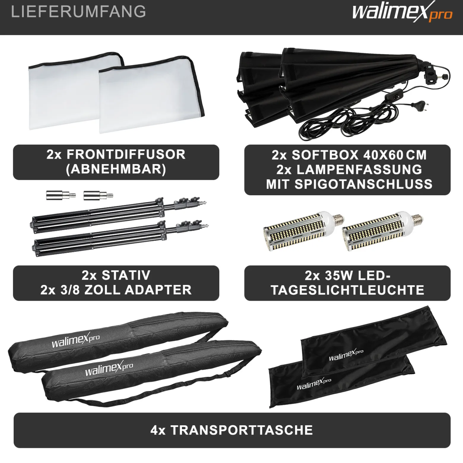 Walimex Pro 2er Set Softbox 40 x 60 cm mit 35 W LED inkl. 2 x FT-8051 Lampenstativ bis 260 cm Höhe, Studioleuchte 5000 K Tageslicht plus Lichtstativ mit Federdämpfung