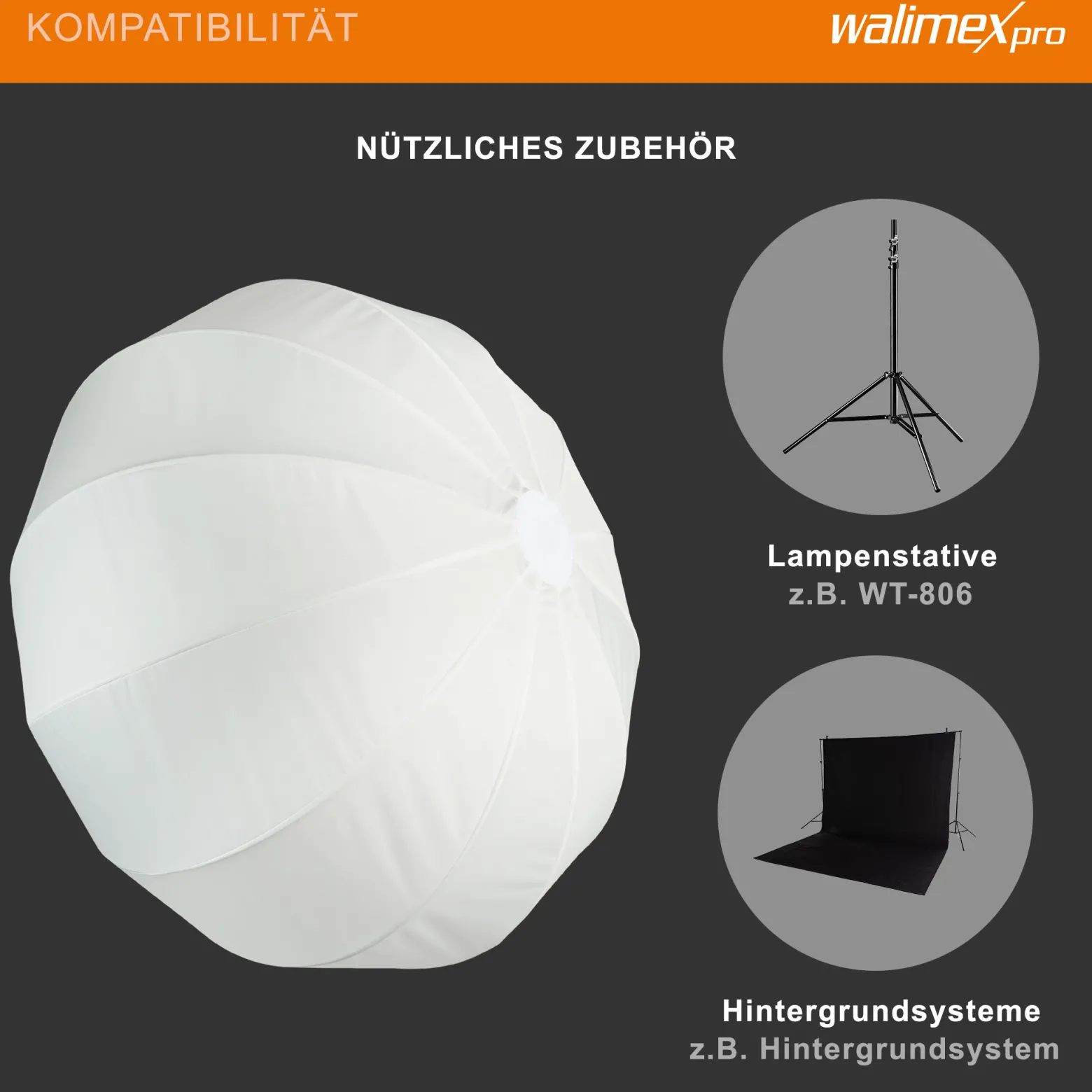 Walimex pro Essential Ballon Softbox 80cm, schnell öffnender 360° Lichtdiffusor, inkl. Bowens Adapter, kompatibel mit allen gängigen Blitz- und Dauerlichter mit Bowensanschluss