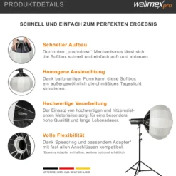 Walimex pro Essential Ballon Softbox 80cm, schnell öffnender 360° Lichtdiffusor, inkl. Bowens Adapter, kompatibel mit allen gängigen Blitz- und Dauerlichter mit Bowensanschluss