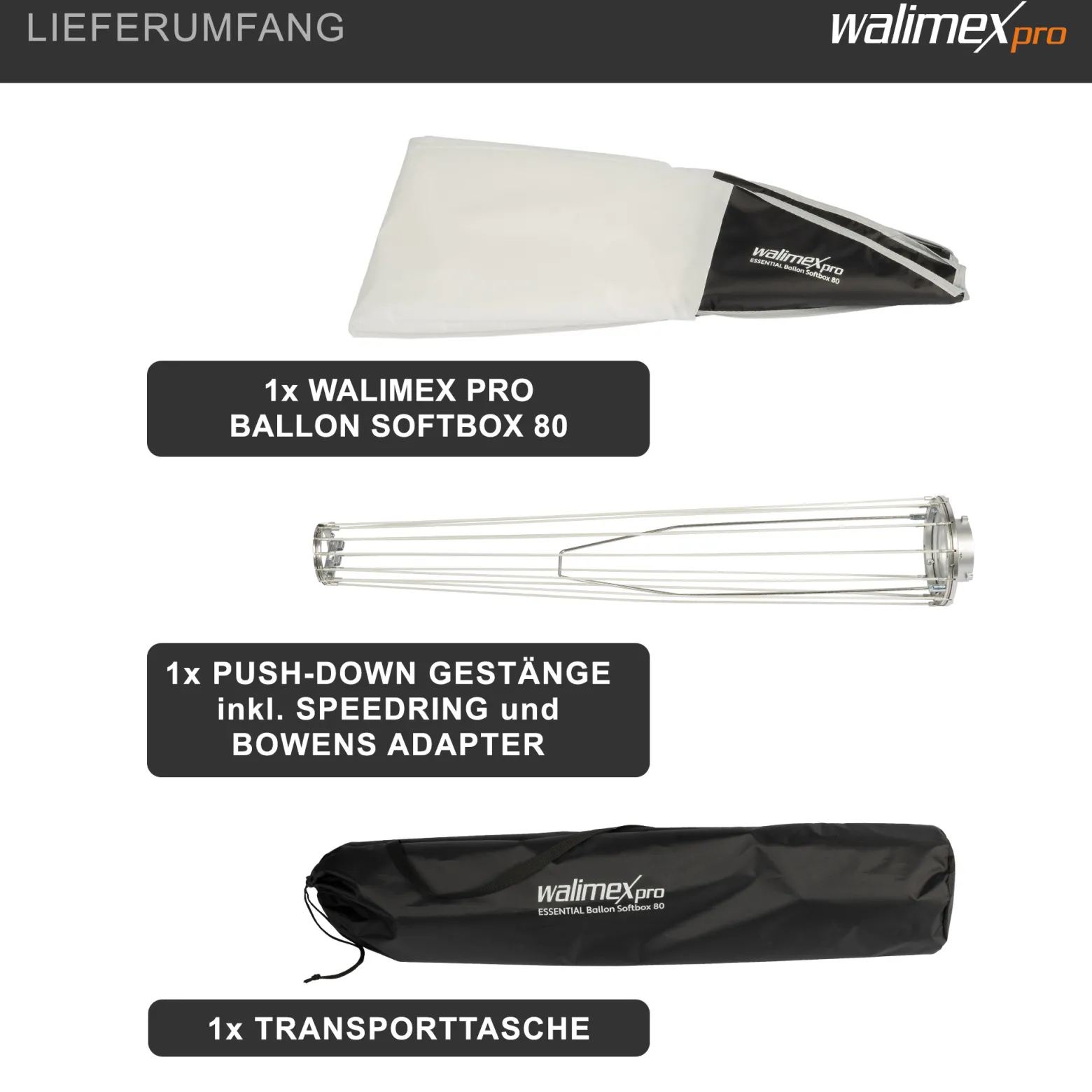 Walimex pro Essential Ballon Softbox 80cm, schnell öffnender 360° Lichtdiffusor, inkl. Bowens Adapter, kompatibel mit allen gängigen Blitz- und Dauerlichter mit Bowensanschluss