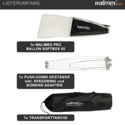 Walimex pro Essential Ballon Softbox 65cm, schnell öffnender 360° Lichtdiffusor, inkl. Bowens Adapter, kompatibel mit allen gängigen Blitz- und Dauerlichter mit Bowensanschluss