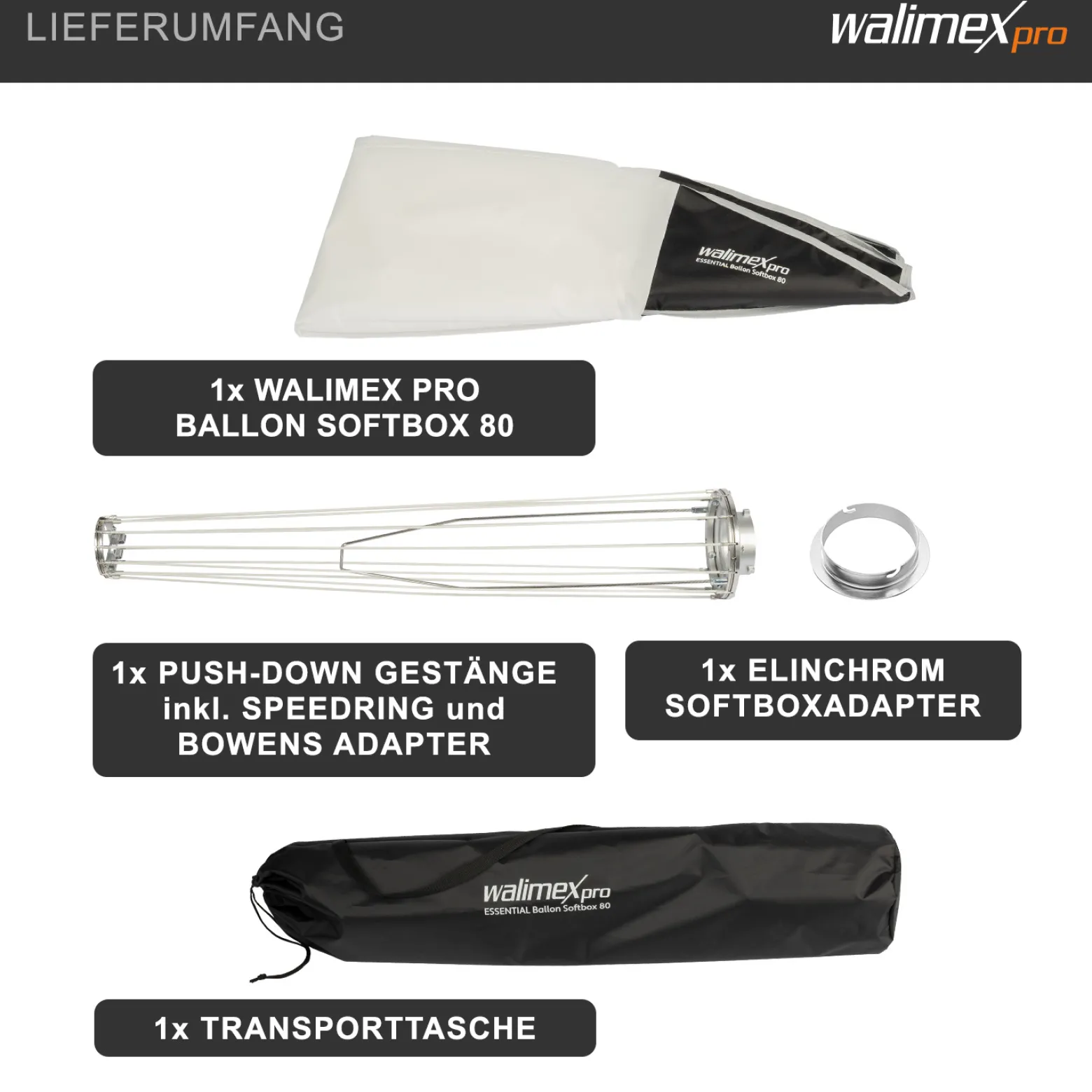 Walimex pro Essential Ballon Softbox 80cm + Elinchrom Adapter 15,2cm, 360° Lichtdiffusor, inkl. Bowens Adapter, kompatibel mit allen gängigen Blitz-/Dauerlichter mit Bowensanschluss