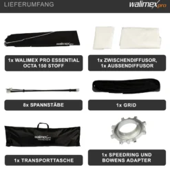 Walimex pro Essential Softbox Octagon 150cm, um 360° drehbar, einfacher Aufbau, inkl. Grid, Bowens Adapter und Transporttasche, ideal für Porträts und Beauty-Aufnahmen