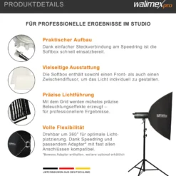 Walimex pro Essential Softbox 60x90cm + Softboxadapter für Profoto (Außendurchmesser: 15,2 cm), um 360° drehbar, einfacher Aufbau, inkl. Grid, Bowens Adapter und Transporttasche