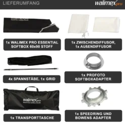 Walimex pro Essential Softbox 60x90cm + Softboxadapter für Profoto (Außendurchmesser: 15,2 cm), um 360° drehbar, einfacher Aufbau, inkl. Grid, Bowens Adapter und Transporttasche