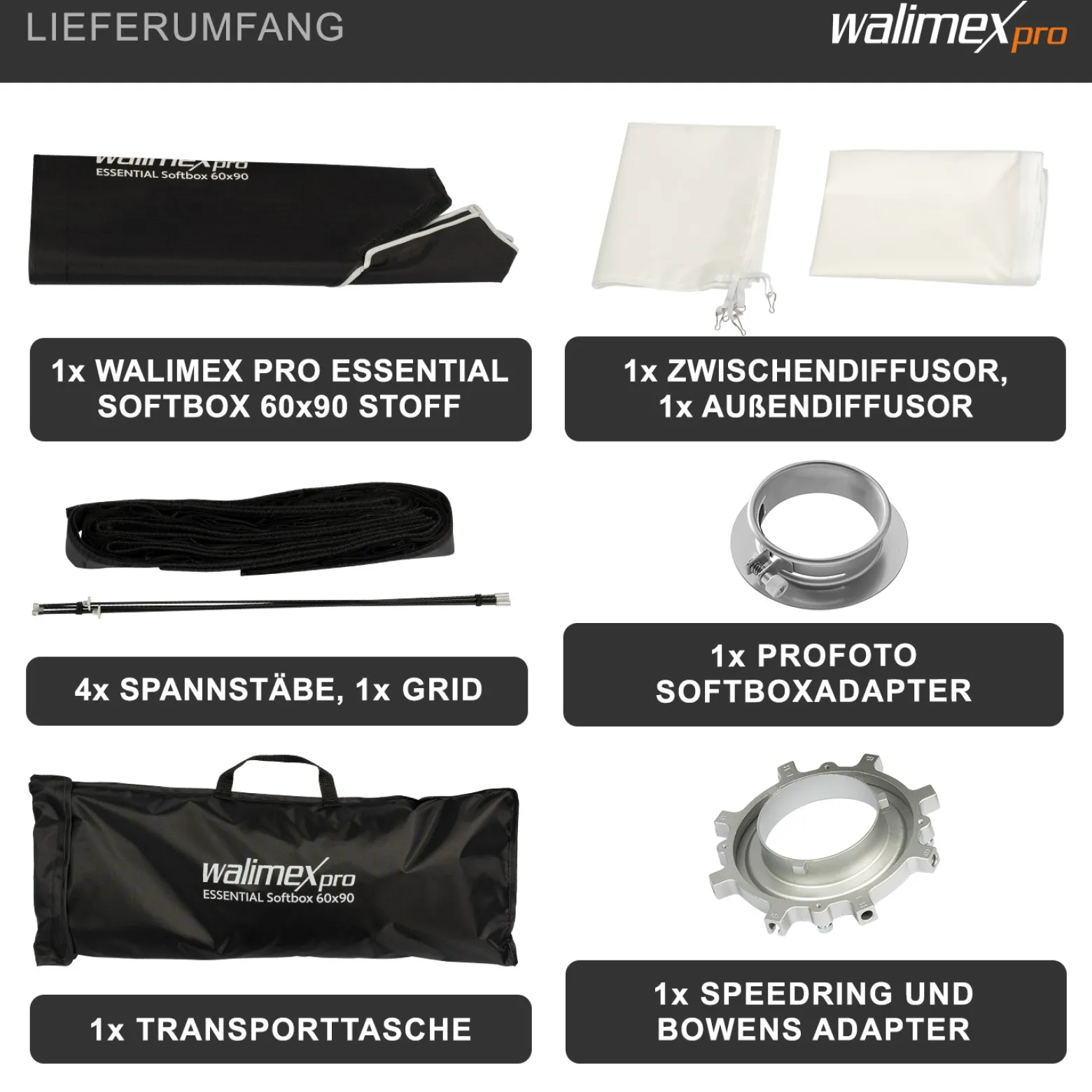 Walimex pro Essential Softbox 60x90cm + Softboxadapter für Profoto (Außendurchmesser: 15,2 cm), um 360° drehbar, einfacher Aufbau, inkl. Grid, Bowens Adapter und Transporttasche
