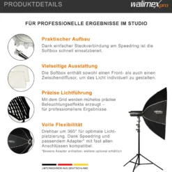 Walimex pro Essential Softbox Octagon 120cm + Adapter Elinchrom 15,2cm, 360°, einfacher Aufbau, inkl. Grid, Bowens Adapter und Transporttasche, ideal für Porträts und Beauty-Aufnahmen