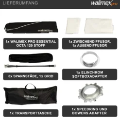 Walimex pro Essential Softbox Octagon 120cm + Adapter Elinchrom 15,2cm, 360°, einfacher Aufbau, inkl. Grid, Bowens Adapter und Transporttasche, ideal für Porträts und Beauty-Aufnahmen
