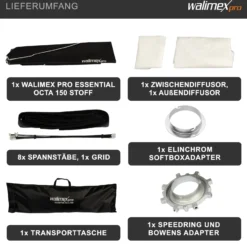Walimex pro Essential Softbox Octagon 150cm + Adapter Elinchrom 15,2cm, 360°, einfacher Aufbau, inkl. Grid, Bowens Adapter und Transporttasche, ideal für Porträts und Beauty-Aufnahmen