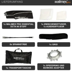 Walimex pro Essential Softbox Octagon 60cm, um 360° drehbar, einfacher Aufbau, inkl. Grid, Bowens Adapter und Transporttasche, ideal für Porträts und Beauty-Aufnahmen