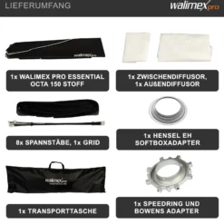 Walimex pro Essential Softbox Octagon 150cm + Softboxadapter für Hensel Expert, um 360° drehbar, inkl. Grid, Bowens Adapter und Transporttasche, ideal für Porträts und Beauty-Aufnahmen