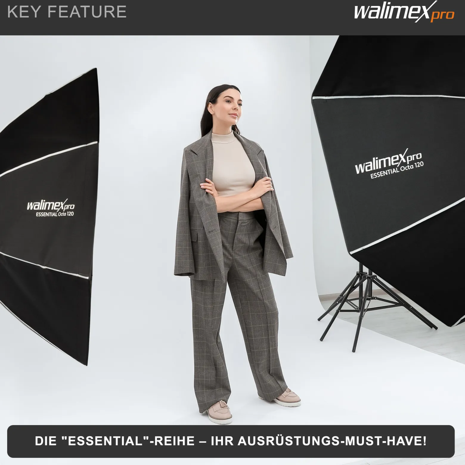 Walimex pro Essential Softbox Octagon 120cm, um 360° drehbar, einfacher Aufbau, inkl. Grid, Bowens Adapter und Transporttasche, ideal für Porträts und Beauty-Aufnahmen