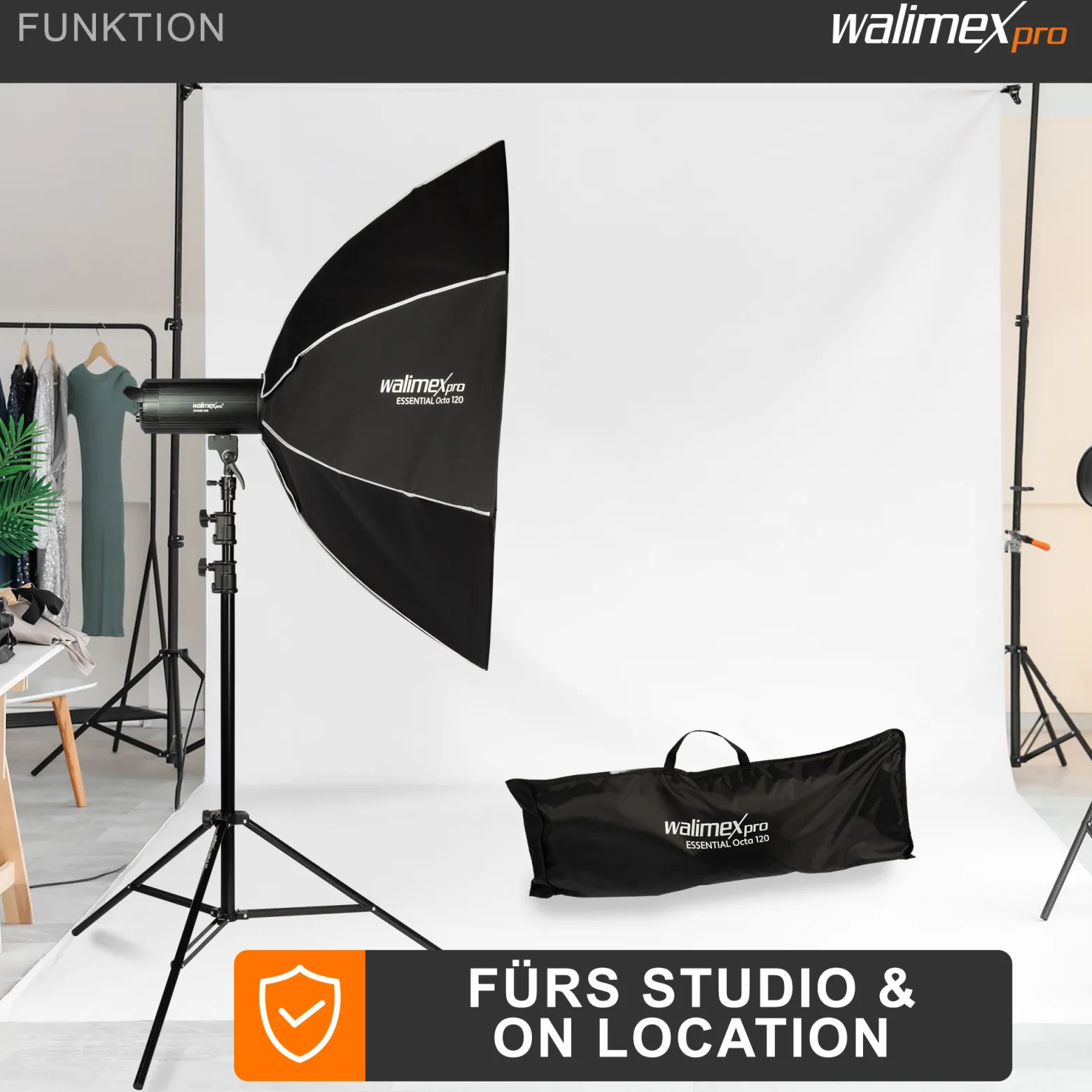 Walimex pro Essential Softbox Octagon 120cm, um 360° drehbar, einfacher Aufbau, inkl. Grid, Bowens Adapter und Transporttasche, ideal für Porträts und Beauty-Aufnahmen