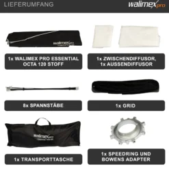 Walimex pro Essential Softbox Octagon 120cm, um 360° drehbar, einfacher Aufbau, inkl. Grid, Bowens Adapter und Transporttasche, ideal für Porträts und Beauty-Aufnahmen