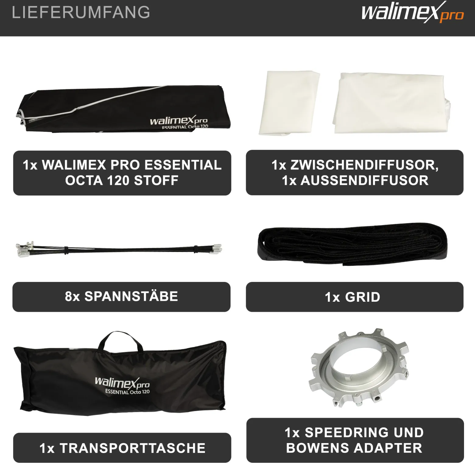 Walimex pro Essential Softbox Octagon 120cm, um 360° drehbar, einfacher Aufbau, inkl. Grid, Bowens Adapter und Transporttasche, ideal für Porträts und Beauty-Aufnahmen