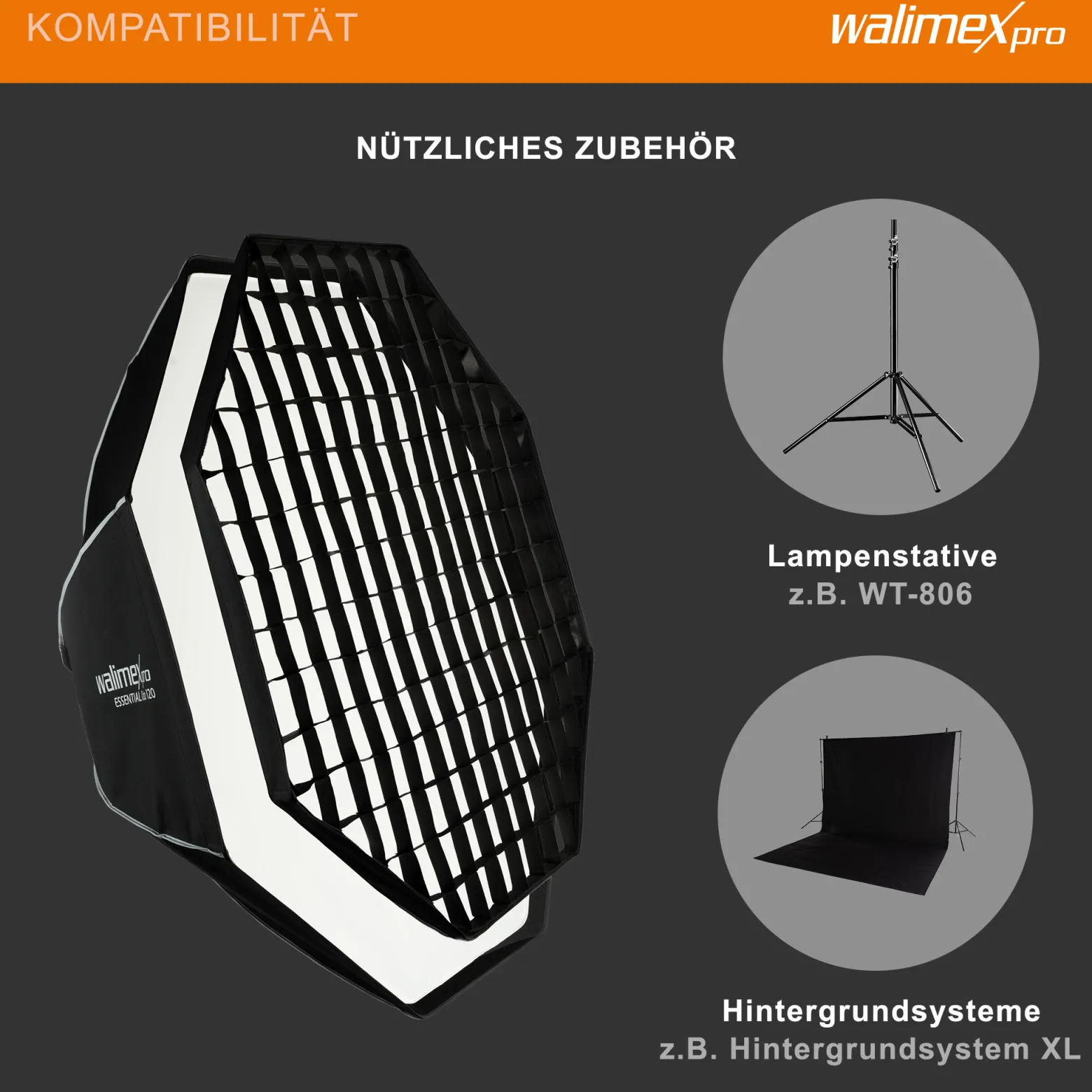 Walimex pro Essential Softbox Octagon 120cm, um 360° drehbar, einfacher Aufbau, inkl. Grid, Bowens Adapter und Transporttasche, ideal für Porträts und Beauty-Aufnahmen
