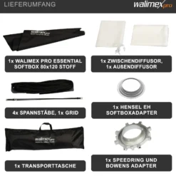 Walimex pro Essential Softbox 80x120cm + Softboxadapter für Hensel Expert, um 360° drehbar, einfacher Aufbau, inkl. Grid, Bowens Adapter und Transporttasche, ideal für Produkt- und Peoplefotografie