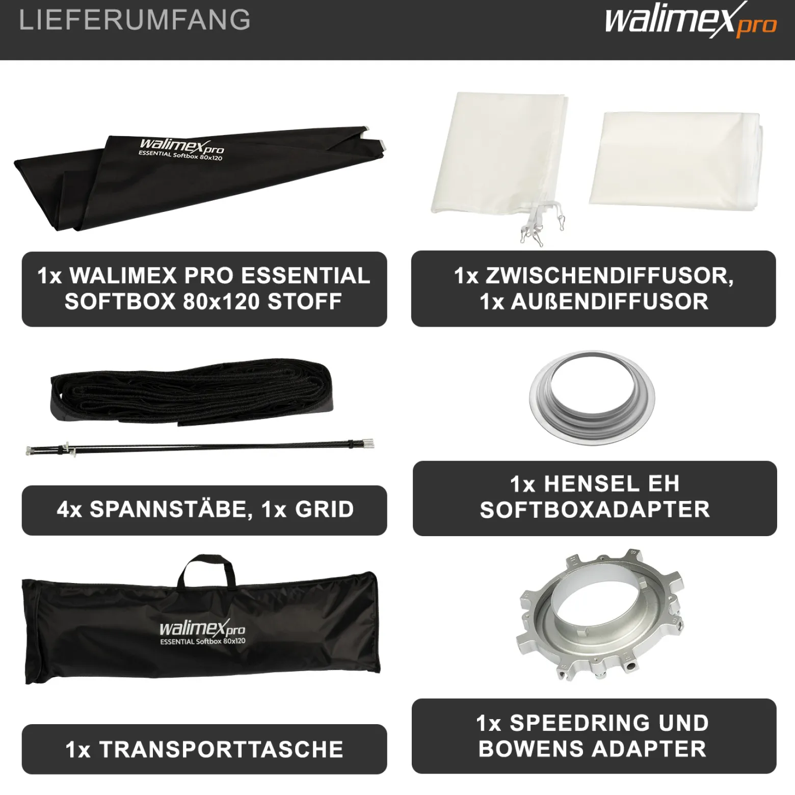 Walimex pro Essential Softbox 80x120cm + Softboxadapter für Hensel Expert, um 360° drehbar, einfacher Aufbau, inkl. Grid, Bowens Adapter und Transporttasche, ideal für Produkt- und Peoplefotografie