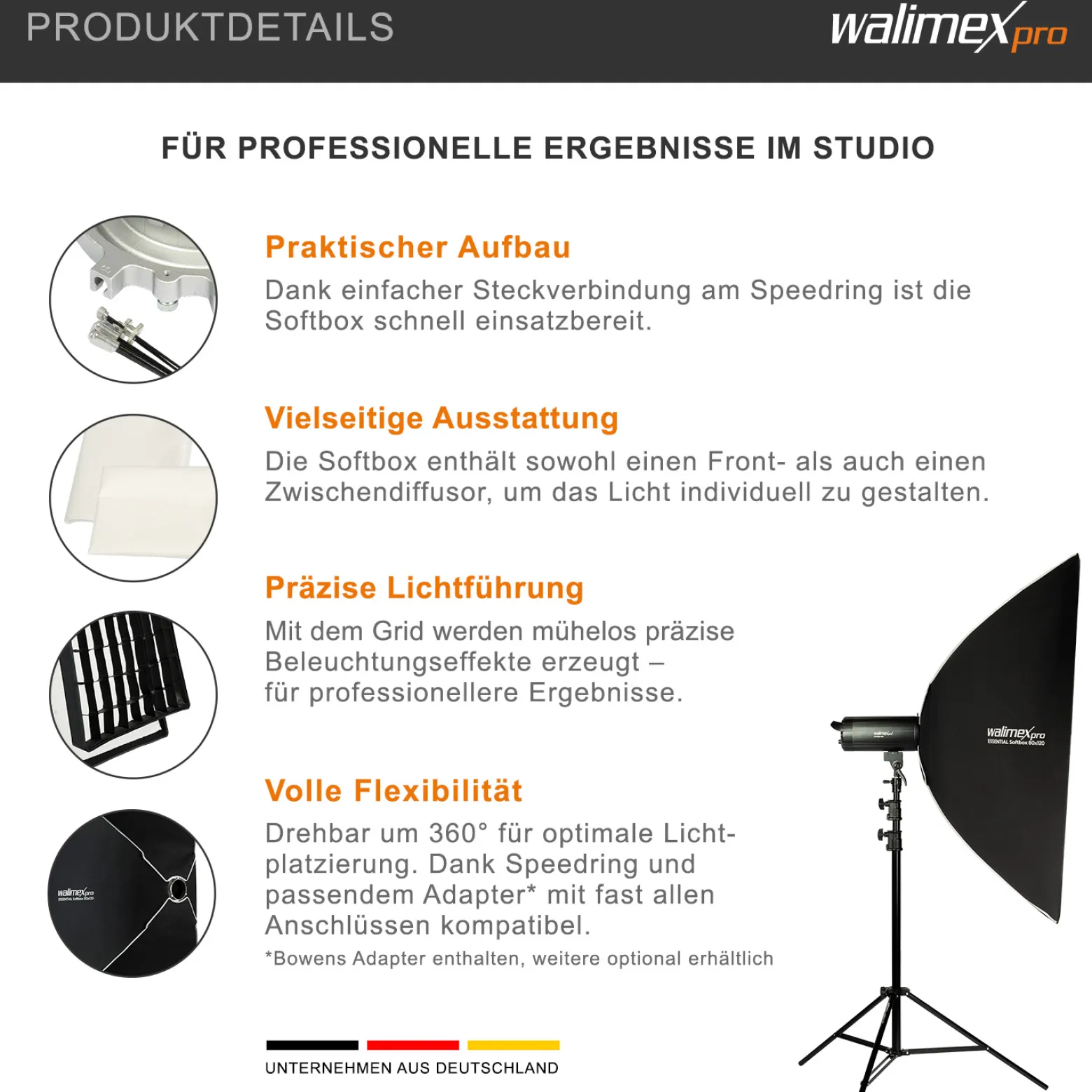 Walimex pro Essential Softbox 80x120cm + Softboxadapter für Hensel Expert, um 360° drehbar, einfacher Aufbau, inkl. Grid, Bowens Adapter und Transporttasche, ideal für Produkt- und Peoplefotografie