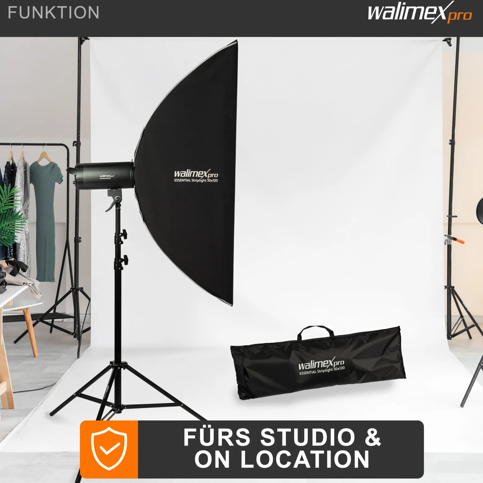 Walimex pro Essential Striplight Softbox 30 x 120 cm, Lichtformer um 360° drehbar, einfacher Aufbau, inkl. Grid, Bowens Adapter und Transporttasche, ideal für Produkt- und Peoplefotografie
